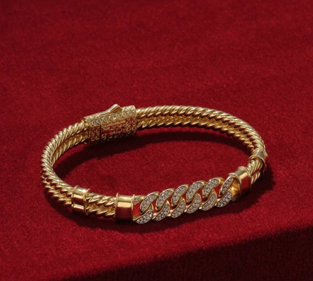 Gental Gems by Karat Kings | Exclusive Iced Cuban Links Twined Bangle Bracelet for Men,  Sterling Silver  Micron Gold Plated Bracelet