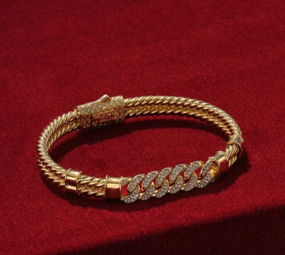 Gental Gems by Karat Kings | Exclusive Iced Cuban Links Twined Bangle Bracelet for Men,  Sterling Silver  Micron Gold Plated Bracelet