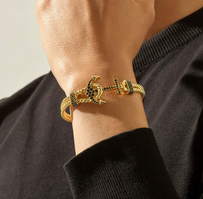 Gental Gems by Karat Kings | Twined Solid Anchor Bangle Bracelet for Men,  Sterling Silver/  Micron Gold Plated Silver Bracelet