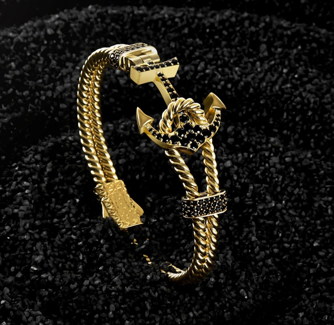 Gental Gems by Karat Kings | Twined Solid Anchor Bangle Bracelet for Men,  Sterling Silver/  Micron Gold Plated Silver Bracelet