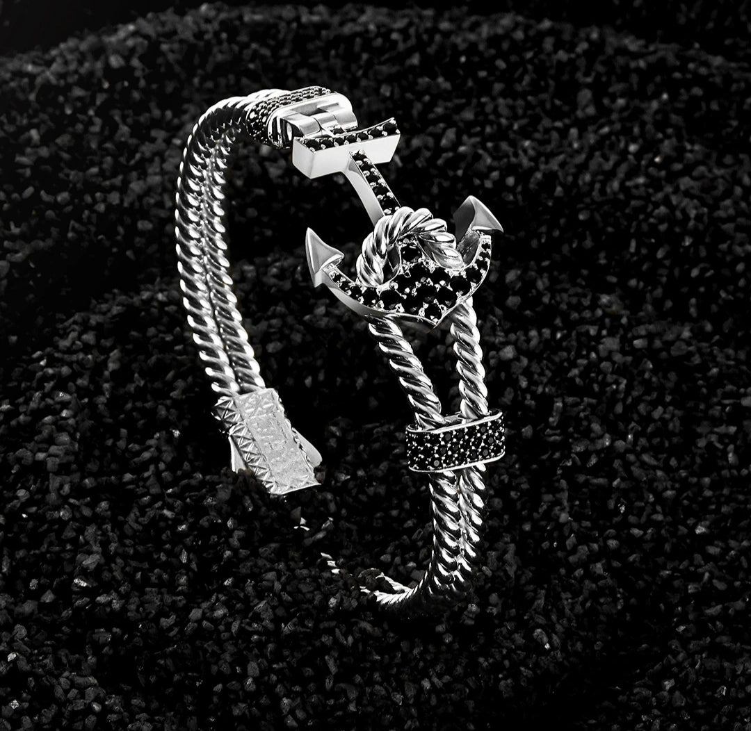 Gental Gems by Karat Kings | Twined Solid Anchor Bangle Bracelet for Men,  Sterling Silver/  Micron Gold Plated Silver Bracelet