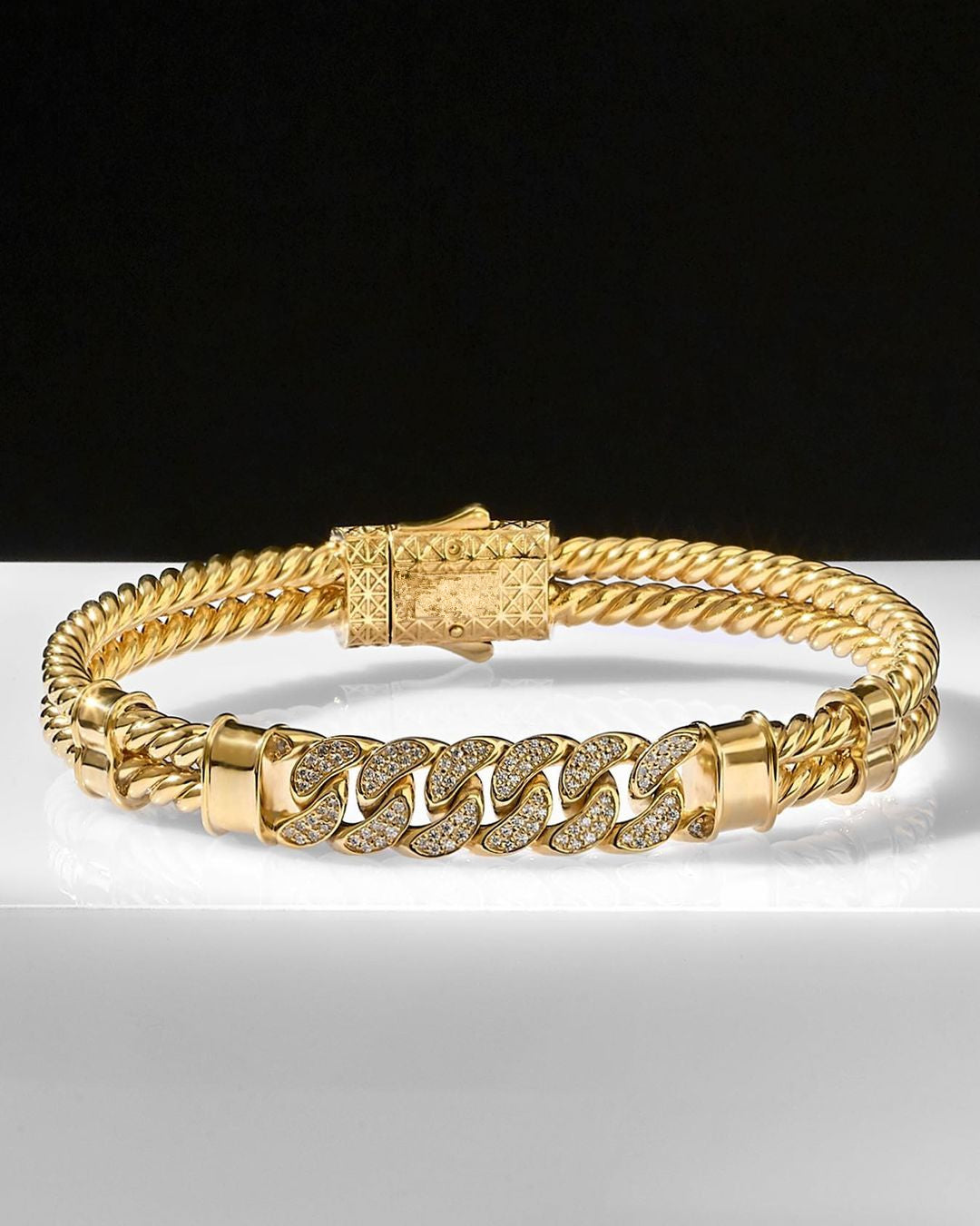 Gental Gems by Karat Kings | Exclusive Iced Cuban Links Twined Bangle Bracelet for Men,  Sterling Silver  Micron Gold Plated Bracelet