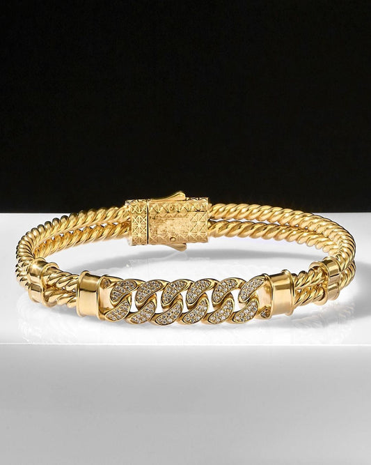 Gental Gems by Karat Kings | Exclusive Iced Cuban Links Twined Bangle Bracelet for Men,  Sterling Silver  Micron Gold Plated Bracelet| With Certificate of Authenticity and  Hallmark