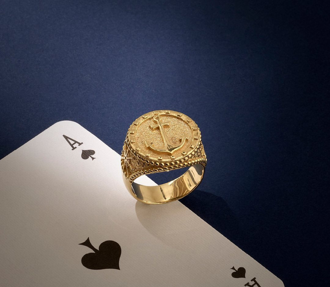 Gental Gems by Karat Kings | Exclusive 22k Gold Plated Signet Style Sailor's Anchor Ring, Sterling Silver  Ring | Jewellery for Men| With Certificate of Authenticity and  Hallmark