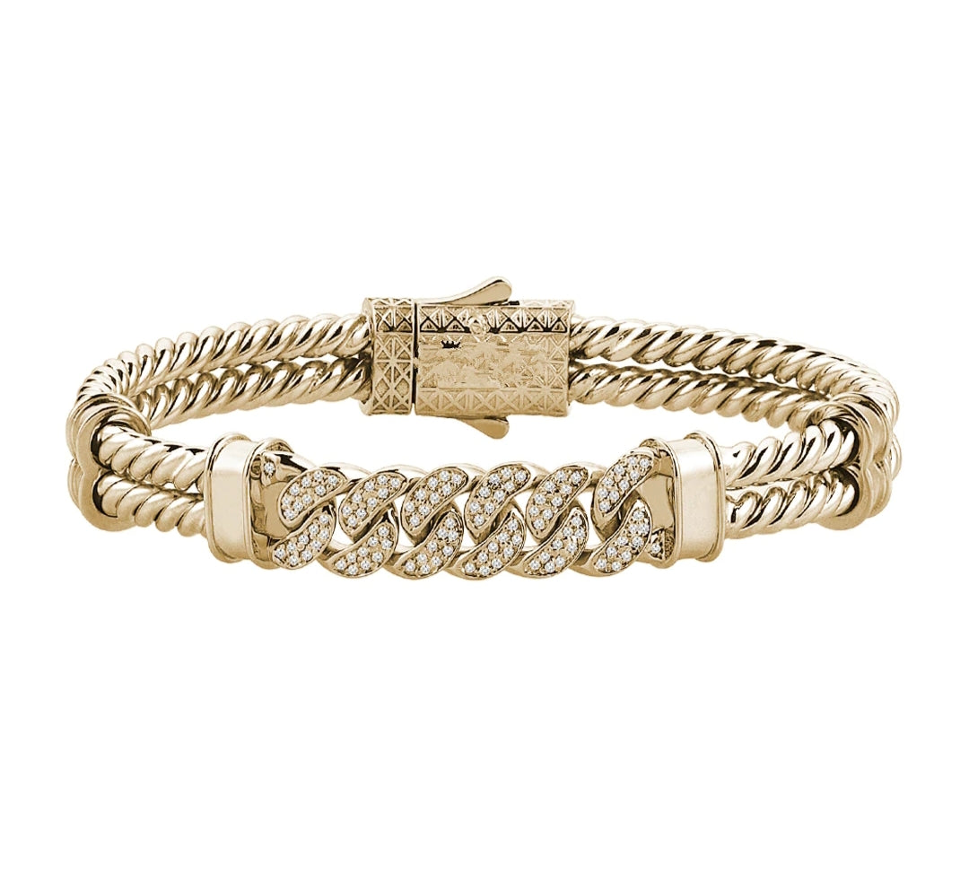 Gental Gems by Karat Kings | Exclusive Iced Cuban Links Twined Bangle Bracelet for Men,  Sterling Silver  Micron Gold Plated Bracelet