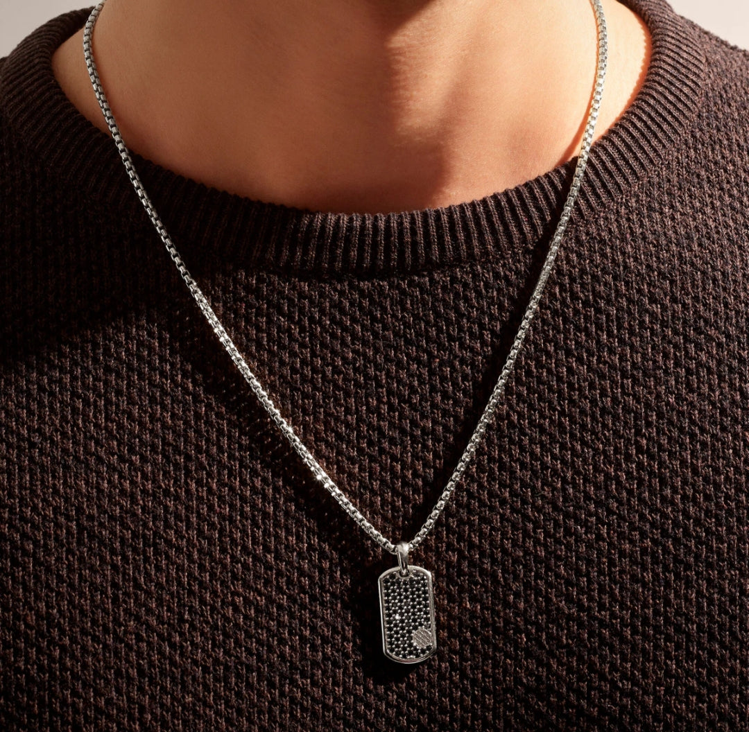 Gental Gems by Karat Kings | Unique Designed Paved Tag Pendant Studded with Black Zircons |  Gold Micron Plated  Sterling Silver Pendant