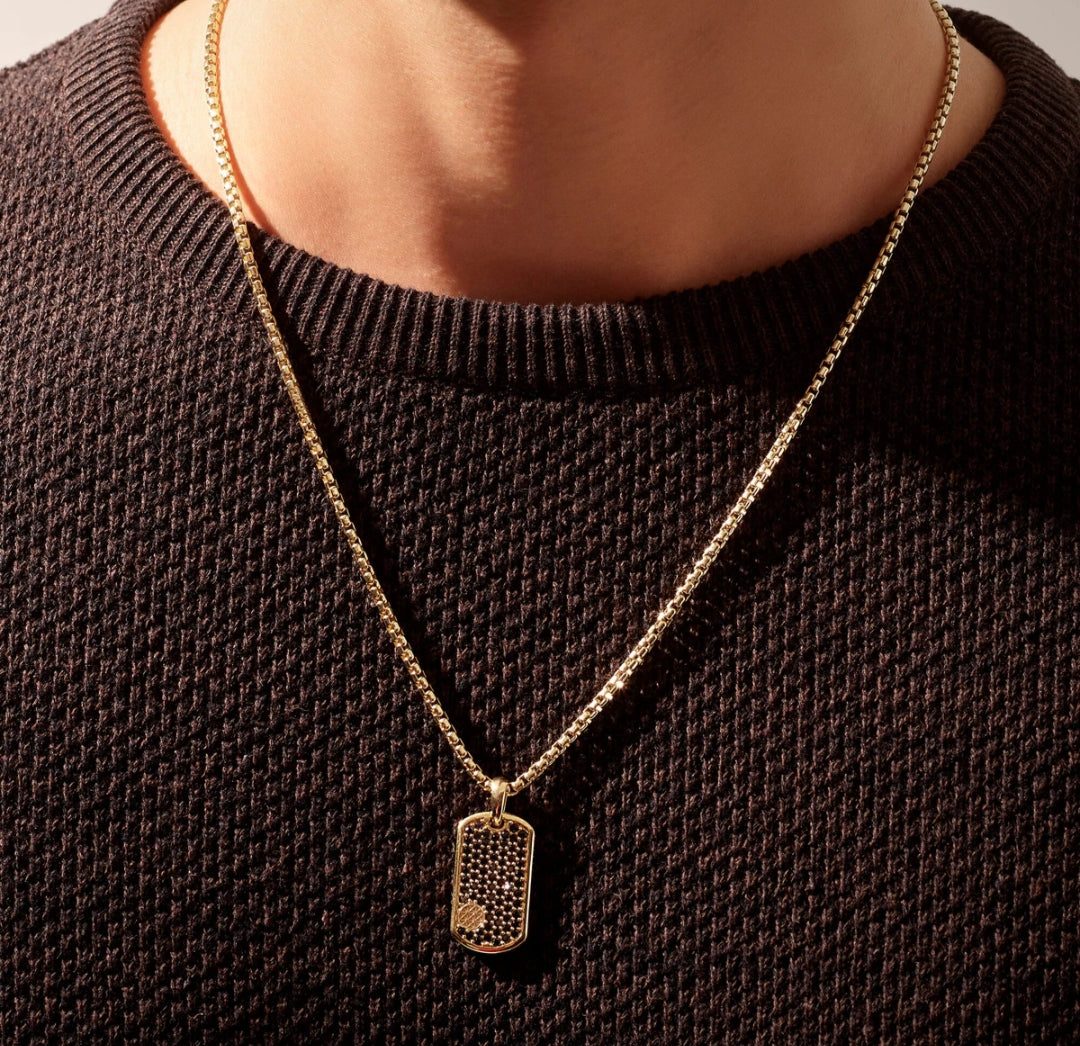Gental Gems by Karat Kings | Unique Designed Paved Tag Pendant Studded with Black Zircons |  Gold Micron Plated  Sterling Silver Pendant
