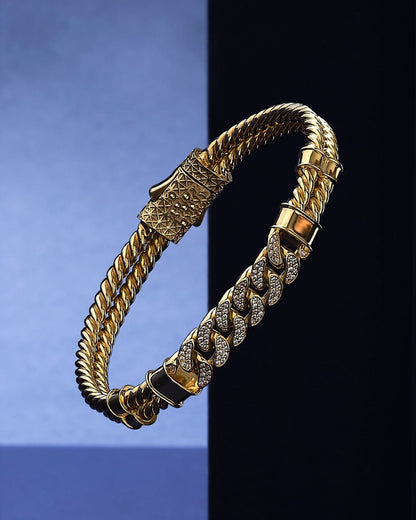 Gental Gems by Karat Kings | Exclusive Iced Cuban Links Twined Bangle Bracelet for Men,  Sterling Silver  Micron Gold Plated Bracelet