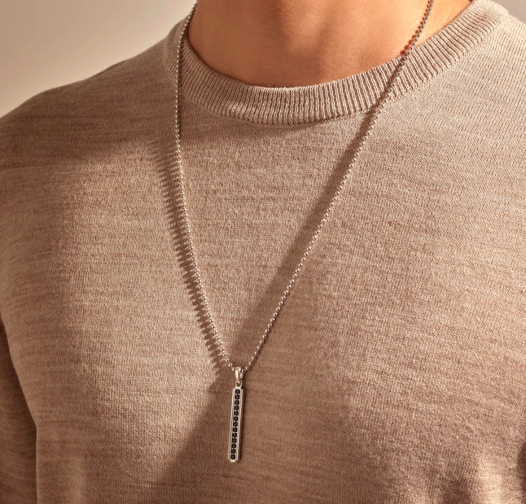 Gental Gems by Karat Kings | Unique Designed Line Pendant Studded with Black Zircons |  Sterling Silver Pendant
