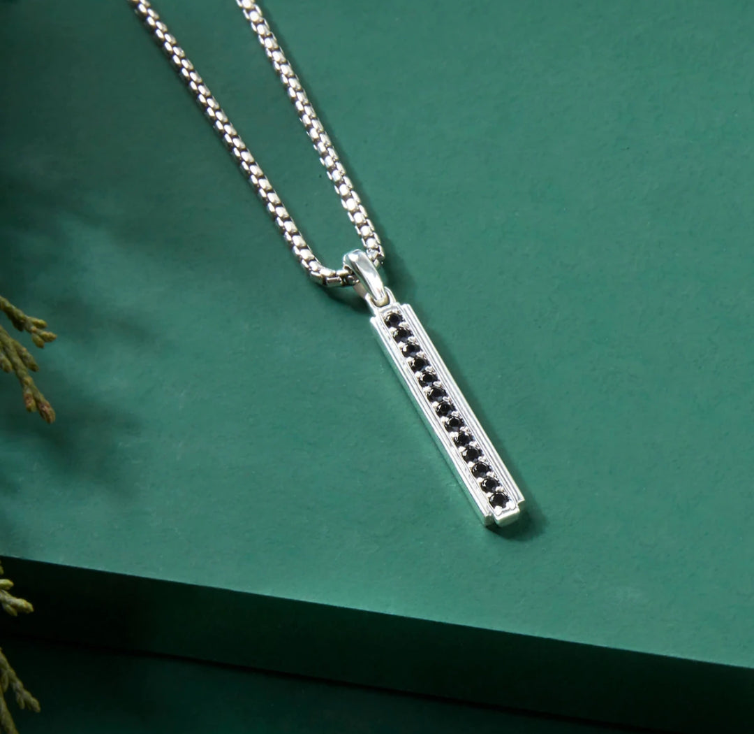 Gental Gems by Karat Kings | Unique Designed Line Pendant Studded with Black Zircons |  Sterling Silver Pendant