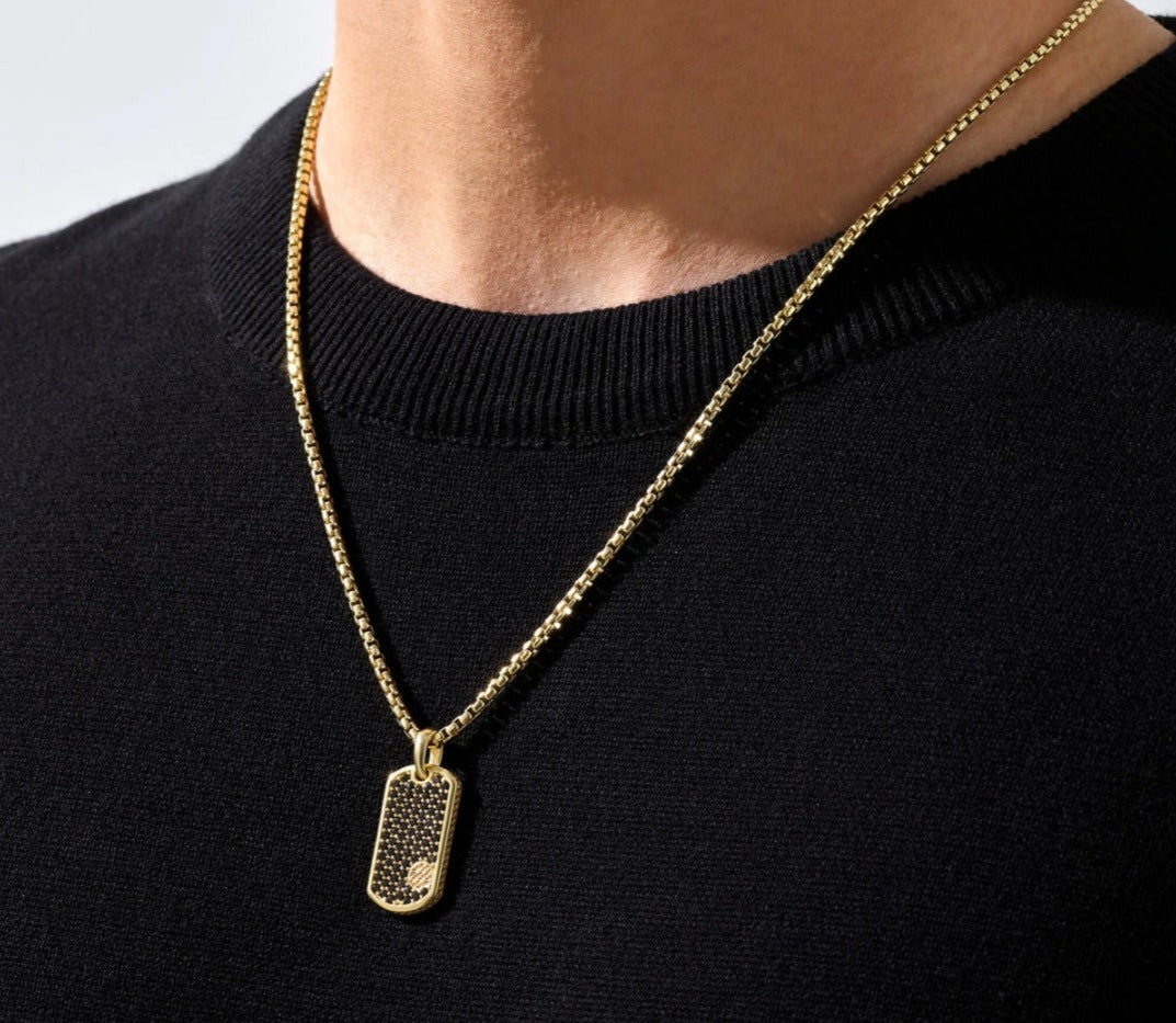 Gental Gems by Karat Kings | Unique Designed Paved Tag Pendant Studded with Black Zircons |  Gold Micron Plated  Sterling Silver Pendant