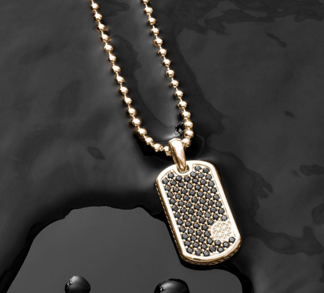 Gental Gems by Karat Kings | Unique Designed Paved Tag Pendant Studded with Black Zircons |  Gold Micron Plated  Sterling Silver Pendant