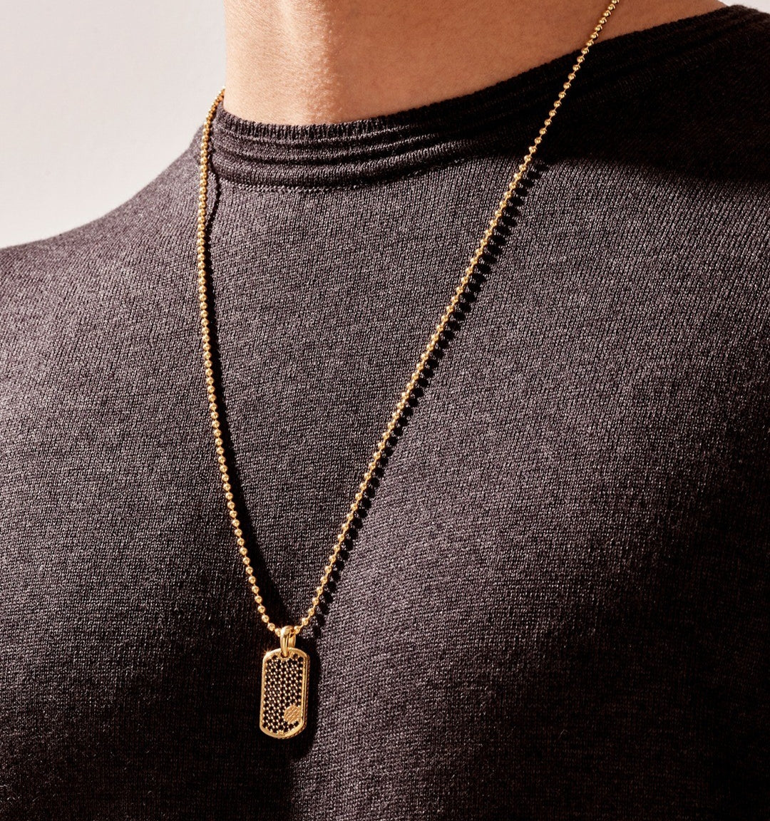 Gental Gems by Karat Kings | Unique Designed Paved Tag Pendant Studded with Black Zircons |  Gold Micron Plated  Sterling Silver Pendant