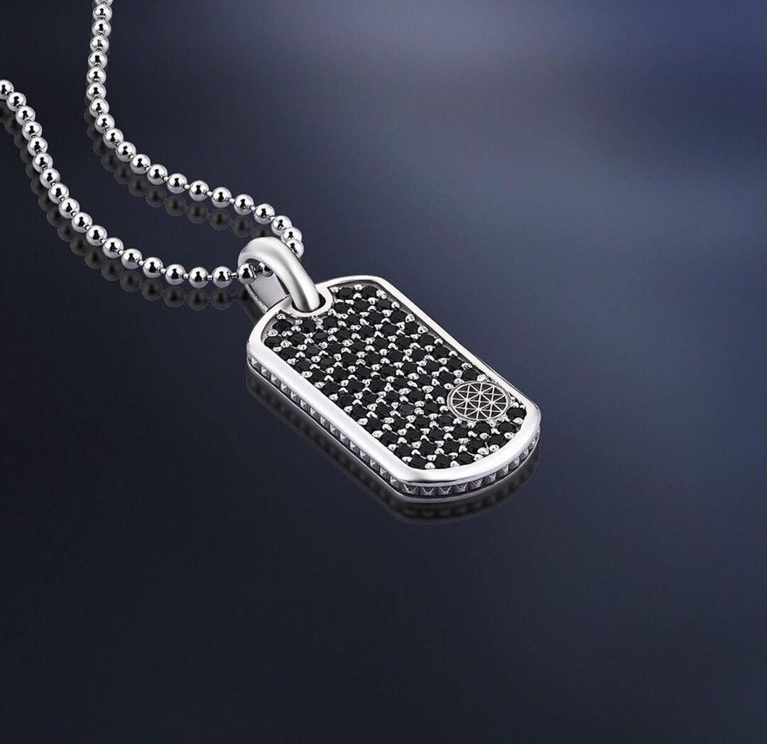 Gental Gems by Karat Kings | Unique Designed Paved Tag Pendant Studded with Black Zircons |  Gold Micron Plated  Sterling Silver Pendant