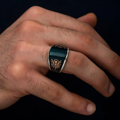 Gental Gems by Karat Kings | Unique Turkish Style Curved Ring with Green Onyx |  Sterling Silver Oxidized Ring