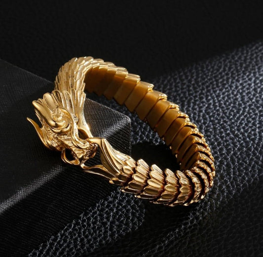 Unique Vintage Gold Dragon Bracelet |  Gold Micron Plated  Sterling Silver Bracelet | Unisex Jewelry | With Certificate of Authenticity and  Hallmark