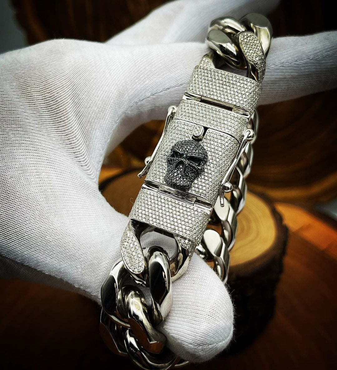 Gental Gems by Karat Kings | Unique 13mm High Polished Solid Miami Cuban Bracelet with Iced Skull Lock for Men |  Sterling Silver Bracelet