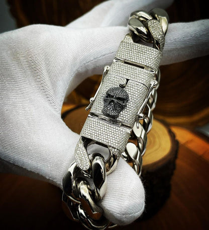 Gental Gems by Karat Kings | Unique 16mm High Polished Solid Miami Cuban Bracelet with Iced Skull Lock for Men |  Sterling Silver Bracelet