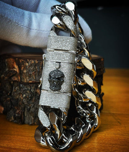 Gental Gems by Karat Kings | Unique 19mm High Polished Solid Miami Cuban Bracelet with Iced Skull Lock for Men |  Sterling Silver Bracelet