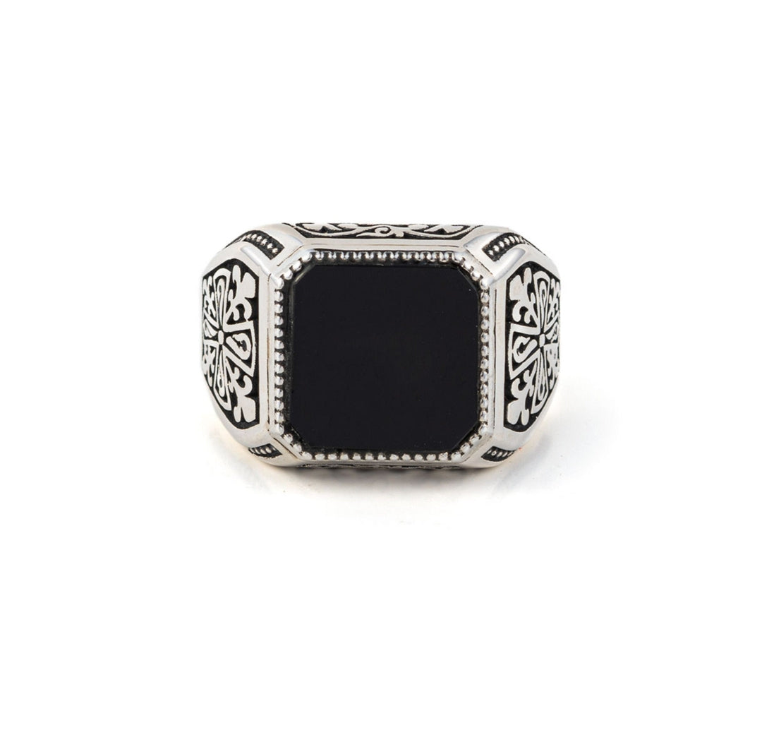 Gental Gems by Karat Kings | Unique Turkish Style Ring with Natural Black Onyx |  Sterling Silver Oxidized Ring
