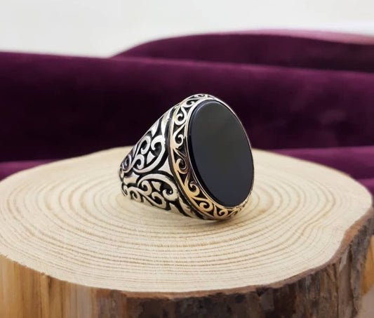 Gental Gems by Karat Kings | Unique Turkish Style Ring with Natural Black Onyx |  Sterling Silver Oxidized Ring | Men's Jewelry | With Certificate of Authenticity and  Hallmark