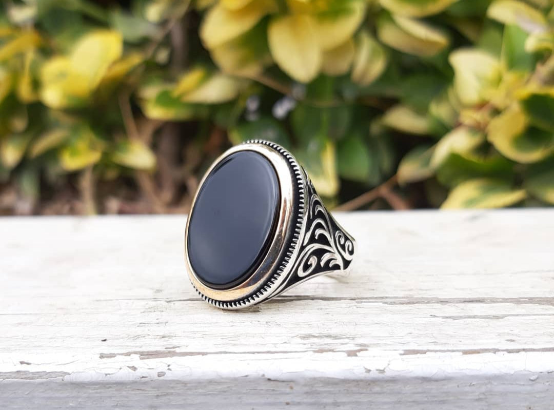 Gental Gems by Karat Kings | Unique Turkish Style Ring with Natural Black Onyx  |  Sterling Silver Oxidized Ring