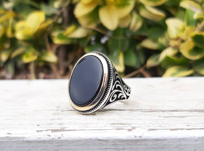 Gental Gems by Karat Kings | Unique Turkish Style Ring with Natural Black Onyx  |  Sterling Silver Oxidized Ring