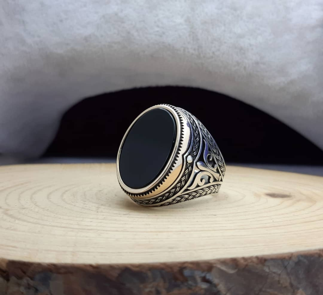 Gental Gems by Karat Kings | Unique Turkish Style Ring with Natural Black Onyx |  Sterling Silver Oxidized Ring | Men's Jewelry | With Certificate of Authenticity and  Hallmark