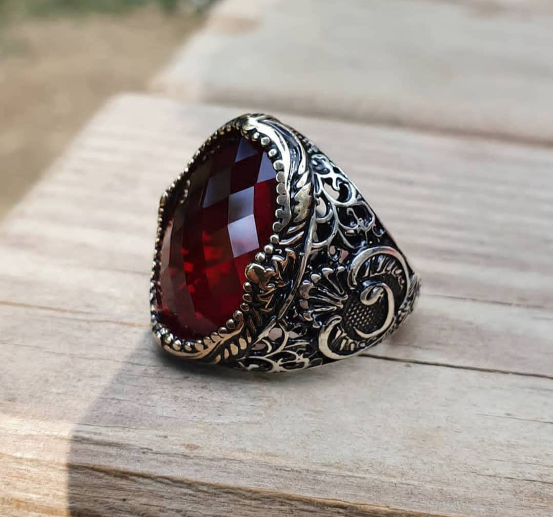 Gental Gems by Karat Kings | Unique Turkish Style Ring with Faceted Red Zircon |  Sterling Silver Oxidized Ring | Men's Jewelry | With Certificate of Authenticity and  Hallmark