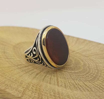 Gental Gems by Karat Kings | Unique Turkish Style Ring with Natural Red Agate  |  Sterling Silver Oxidized Ring | Men's Jewelry | With Certificate of Authenticity and  Hallmark