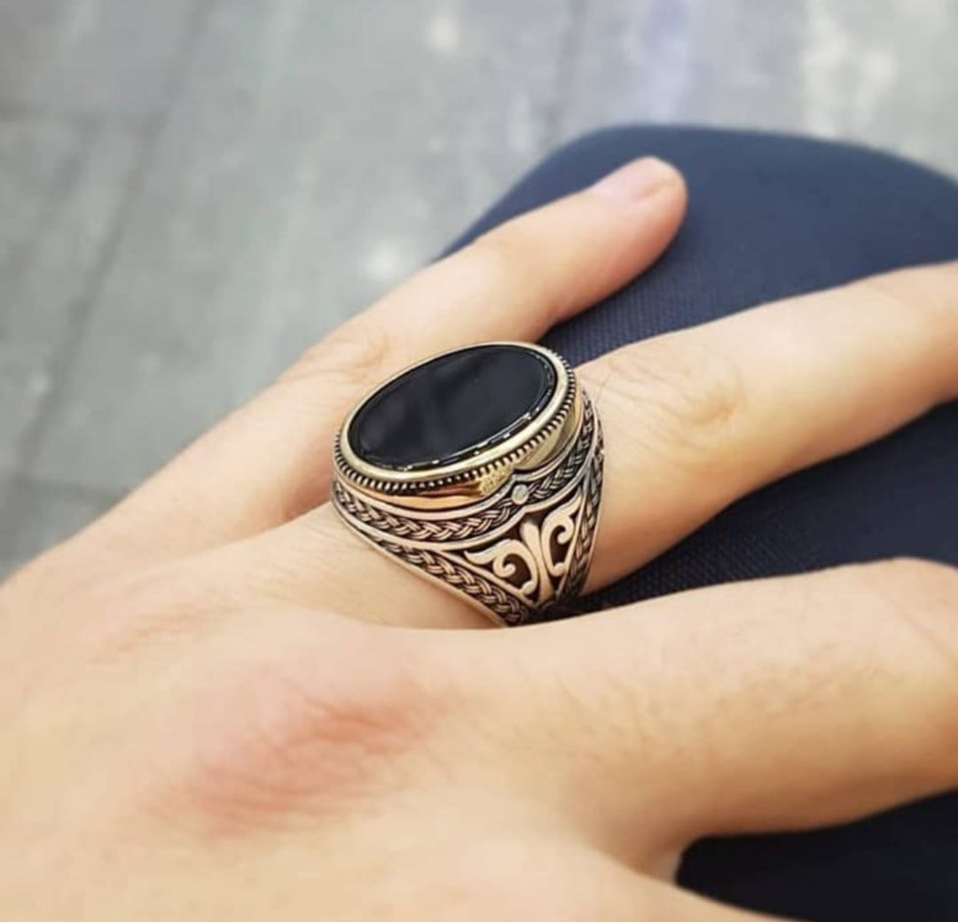 Gental Gems by Karat Kings | Unique Turkish Style Ring with Natural Black Onyx |  Sterling Silver Oxidized Ring | Men's Jewelry | With Certificate of Authenticity and  Hallmark