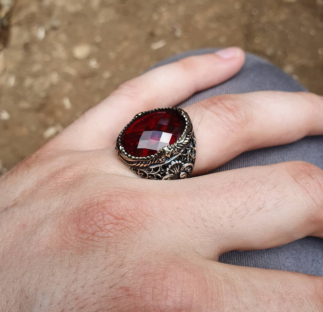 Gental Gems by Karat Kings | Unique Turkish Style Ring with Faceted Red Zircon |  Sterling Silver Oxidized Ring | Men's Jewelry | With Certificate of Authenticity and  Hallmark