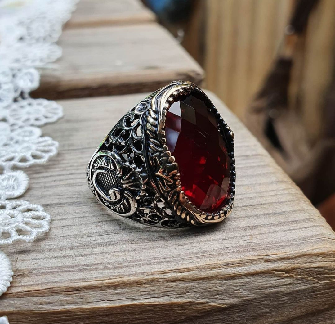 Gental Gems by Karat Kings | Unique Turkish Style Ring with Faceted Red Zircon |  Sterling Silver Oxidized Ring | Men's Jewelry | With Certificate of Authenticity and  Hallmark