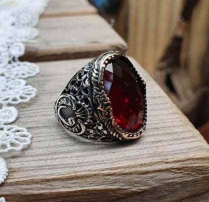 Gental Gems by Karat Kings | Unique Turkish Style Ring with Faceted Red Zircon |  Sterling Silver Oxidized Ring | Men's Jewelry | With Certificate of Authenticity and  Hallmark