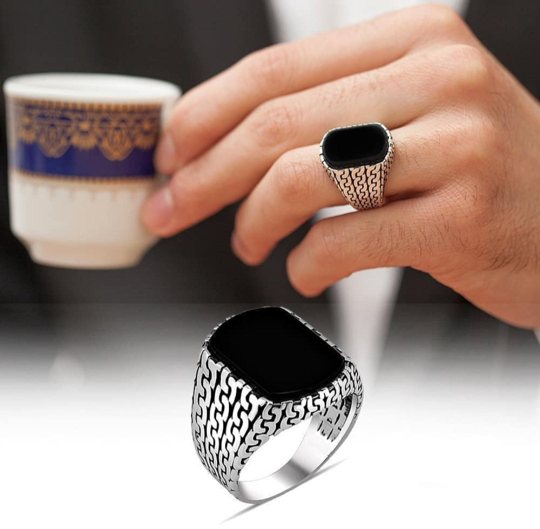 Gental Gems by Karat Kings | Unique Turkish  Style Ring with Natural Black Onyx |  Sterling Silver Oxidized Ring
