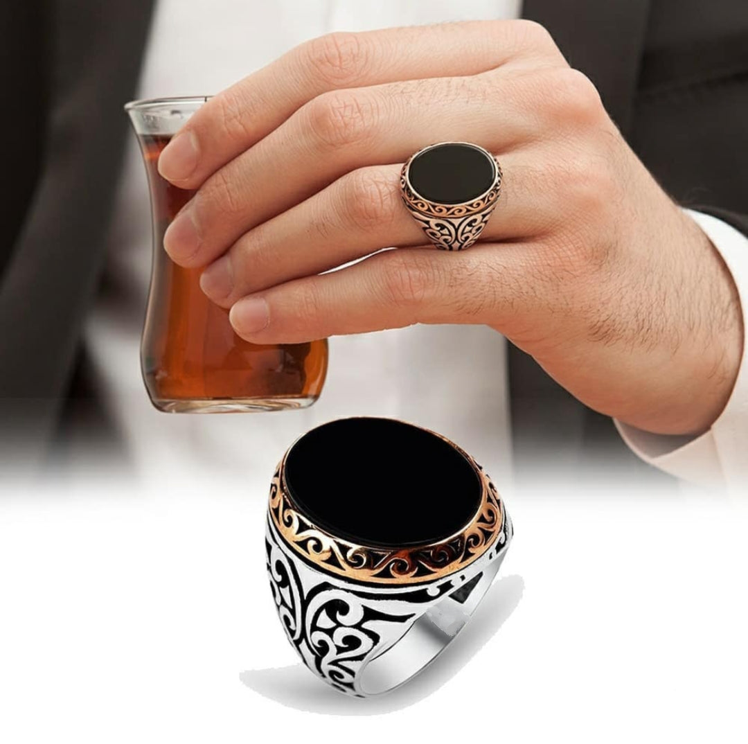 Gental Gems by Karat Kings | Unique Turkish Style Ring with Natural Black Onyx |  Sterling Silver Oxidized Ring | Men's Jewelry | With Certificate of Authenticity and  Hallmark