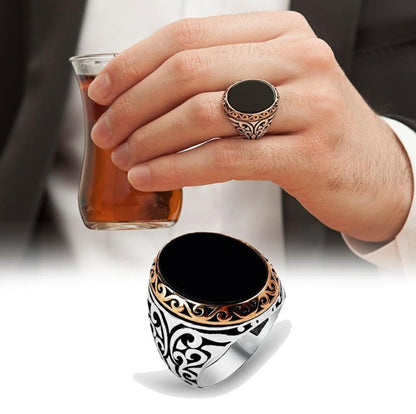 Gental Gems by Karat Kings | Unique Turkish Style Ring with Natural Black Onyx |  Sterling Silver Oxidized Ring | Men's Jewelry | With Certificate of Authenticity and  Hallmark