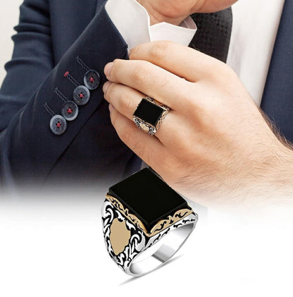 Gental Gems by Karat Kings | Unique Turkish Style Ring with Natural Black Onyx for Men, Oxidized Sterling Silver  Ring | Jewellery for Men