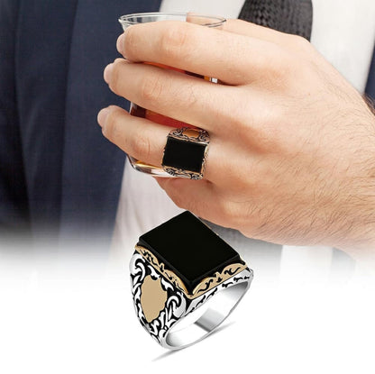 Gental Gems by Karat Kings | Unique Turkish Style Ring with Natural Black Onyx for Men, Oxidized Sterling Silver  Ring | Jewellery for Men