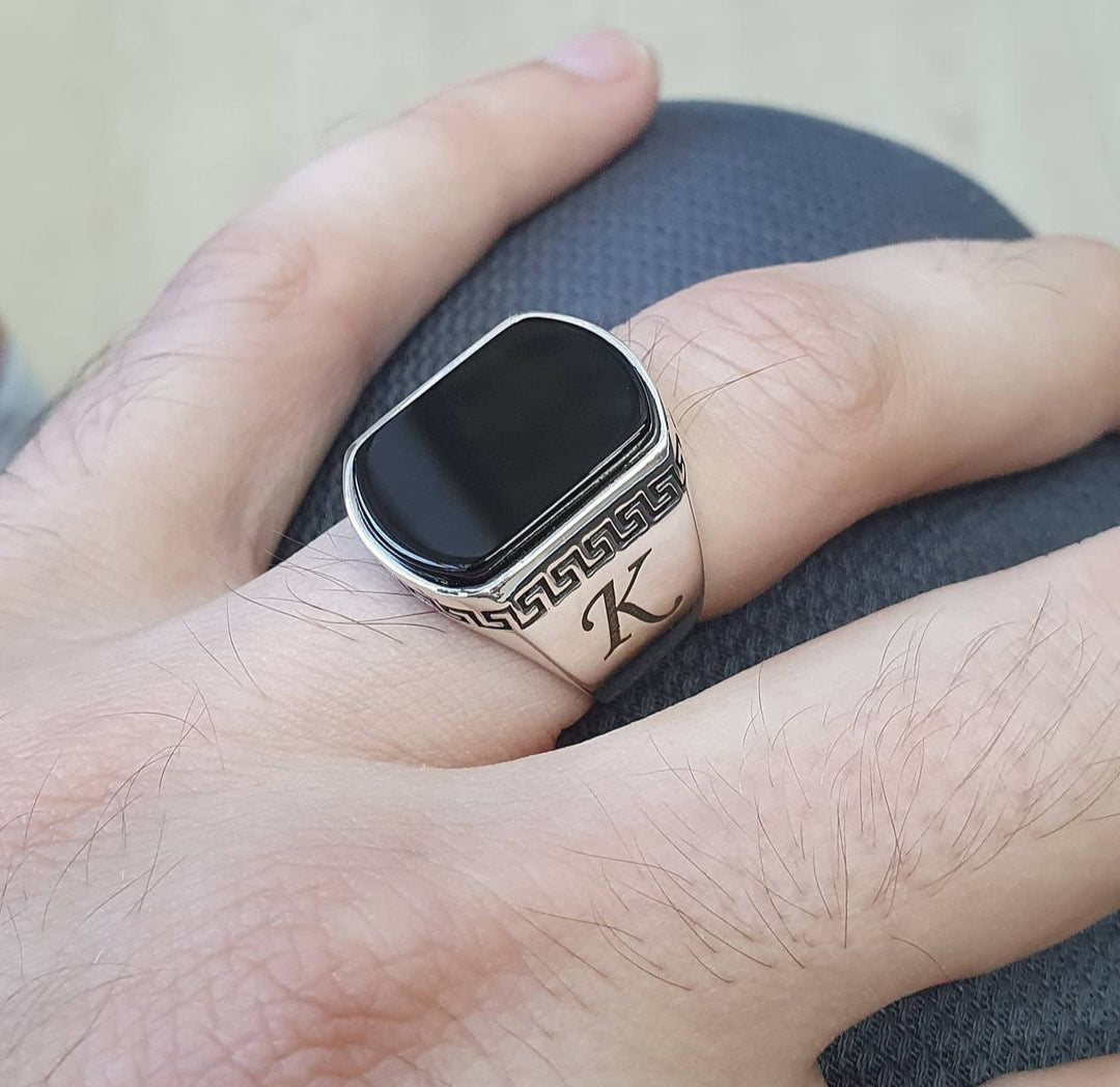 Gental Gems by Karat Kings | Unique Turkish Style Personalized Name Initial Ring with Natural Black Onyx |  Sterling Silver Oxidized Ring