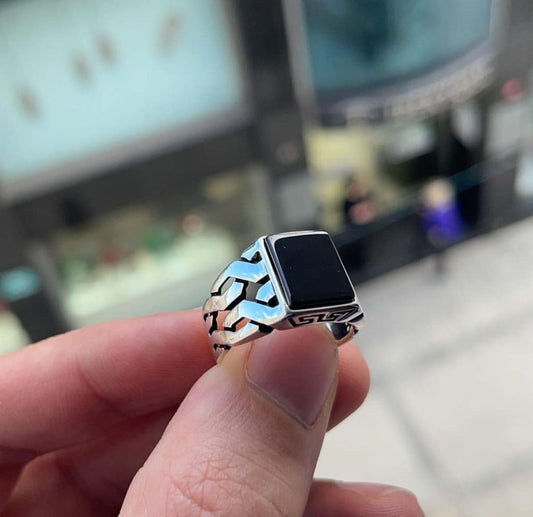 Gental Gems by Karat Kings | Unique Turkish Gucci Style Ring with Natural Black Onyx |  Sterling Silver Oxidized Ring | Men's Jewelry | With Certificate of Authenticity and  Hallmark