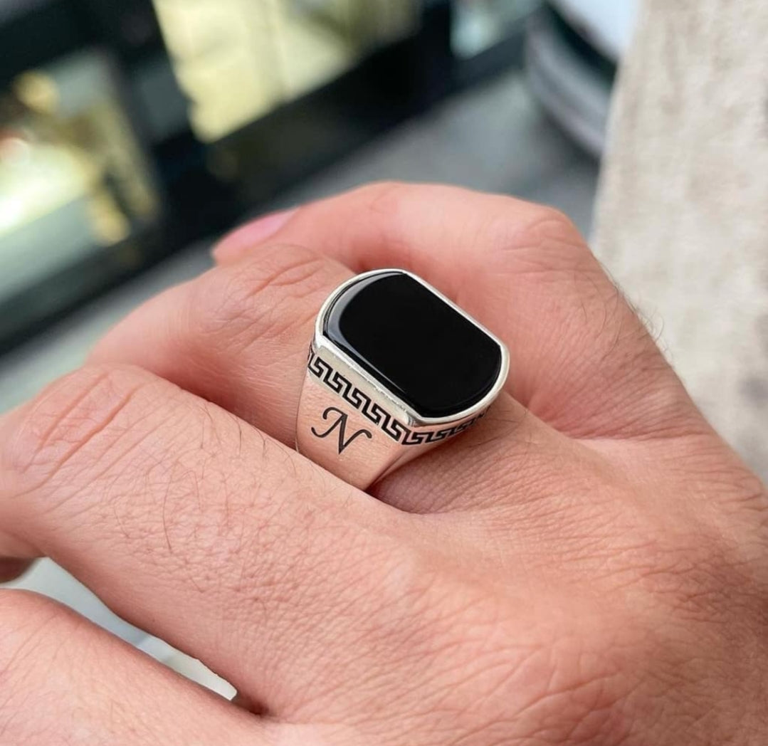 Gental Gems by Karat Kings | Unique Turkish Style Personalized Name Initial Ring with Natural Black Onyx |  Sterling Silver Oxidized Ring