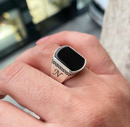 Gental Gems by Karat Kings | Unique Turkish Style Personalized Name Initial Ring with Natural Black Onyx |  Sterling Silver Oxidized Ring