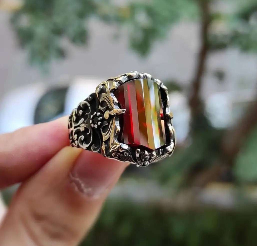 Gental Gems by Karat Kings | Unique Designed Turkish Style Ring with Multifaceted Red Zirconia |  Sterling Silver Oxidized Ring | Men's Jewelry | With Certificate of Authenticity and  Hallmark