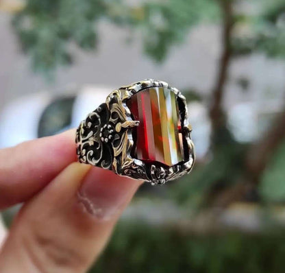 Gental Gems by Karat Kings | Unique Designed Turkish Style Ring with Multifaceted Red Zirconia |  Sterling Silver Oxidized Ring | Men's Jewelry | With Certificate of Authenticity and  Hallmark