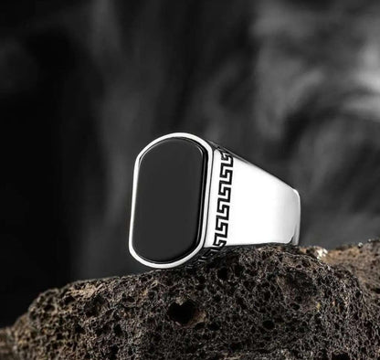 Gental Gems by Karat Kings | Unique Turkish Style Personalized Name Initial Ring with Natural Black Onyx |  Sterling Silver Oxidized Ring