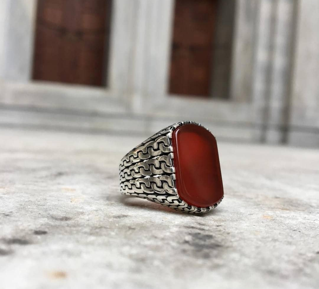 Gental Gems by Karat Kings | Unique Turkish  Style Ring with Natural Red Agate |  Sterling Silver Oxidized Ring