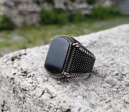 Gental Gems by Karat Kings | Unique Turkish Style Ring with Natural Black Onyx |  Sterling Silver Oxidized Ring