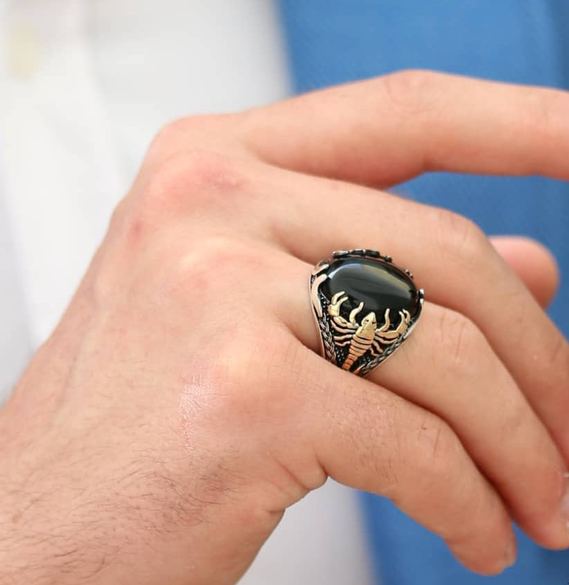 Gental Gems by Karat Kings | Unique Turkish Style Scorpion Ring with Natural Black Onyx (Cabochon) |  Sterling Silver Oxidized Zodiac Ring