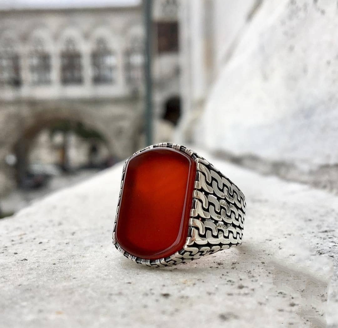 Gental Gems by Karat Kings | Unique Turkish  Style Ring with Natural Red Agate |  Sterling Silver Oxidized Ring